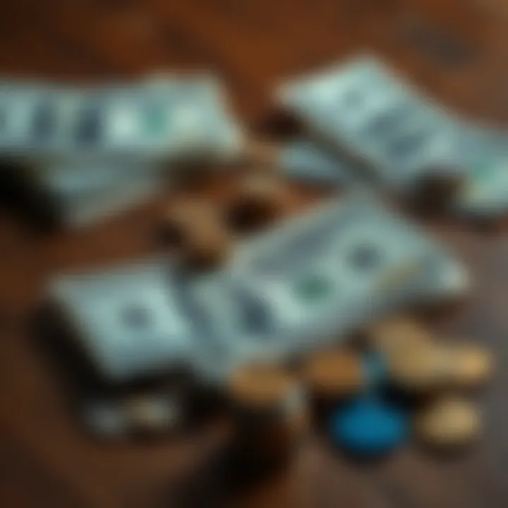 A collection of dollar bills and coins arranged on a wooden table, symbolizing currency in commerce.
