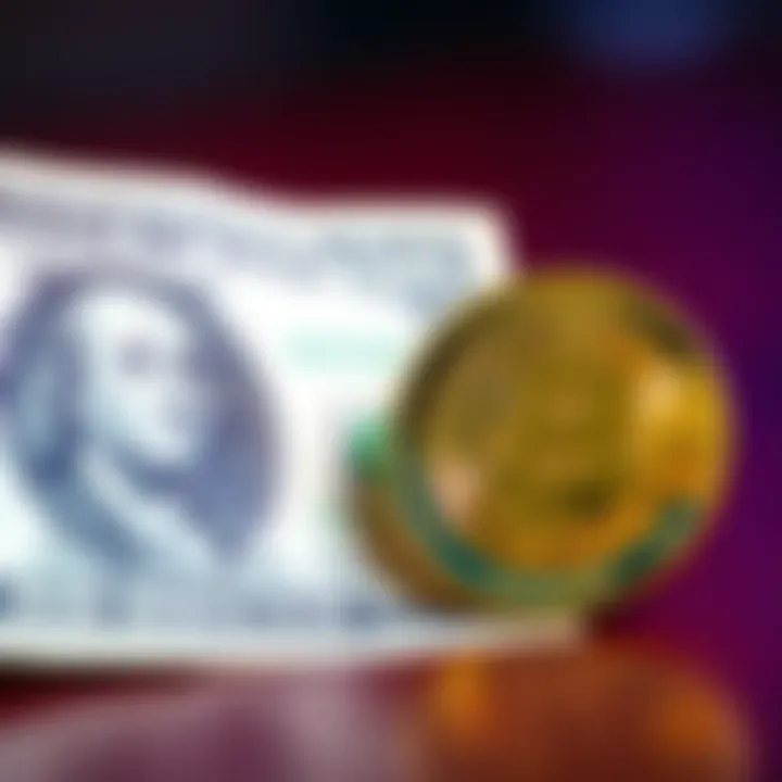 A dollar bill next to a visual representation of a Satoshi, symbolizing cryptocurrency value predictions.