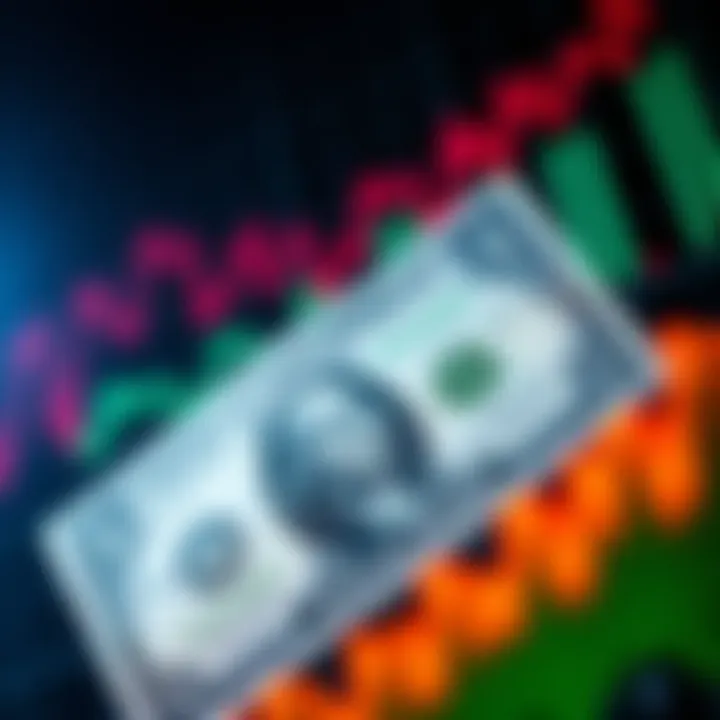 A close-up of a dollar bill with a fluctuating graph in the background, symbolizing predictions for dollar value changes.