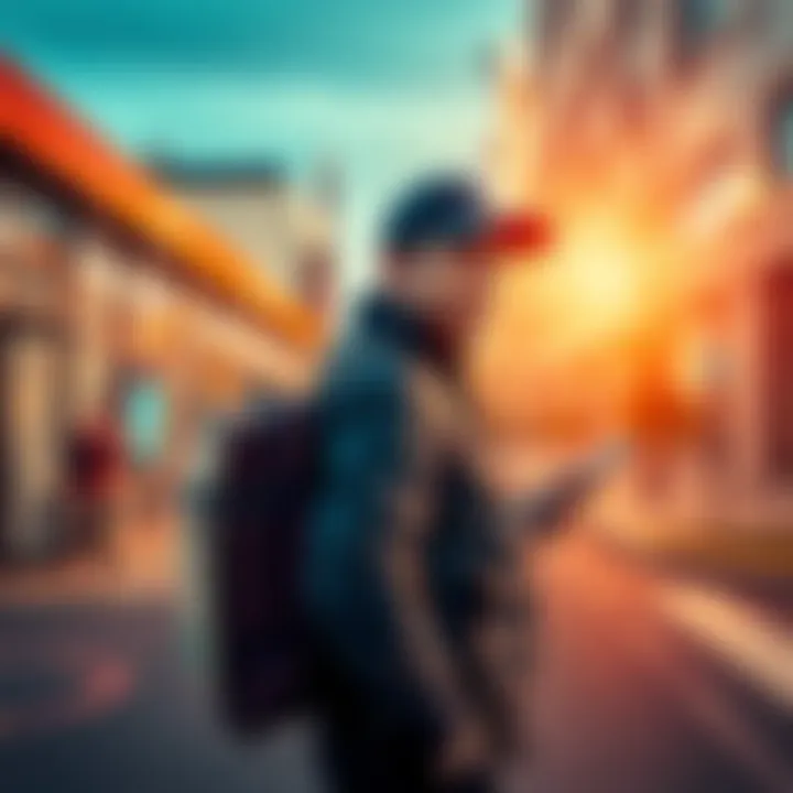 A DoorDash driver preparing to make a delivery with a backpack and phone in hand, looking focused on their route.