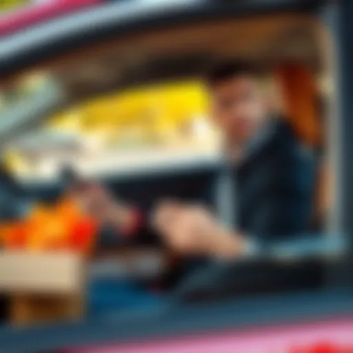 A DoorDash driver sitting in their car, holding a smartphone and looking at delivery offers, showing a thoughtful expression, as they plan their next move to manage debt.