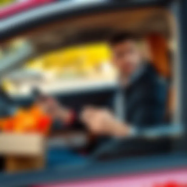 A DoorDash driver sitting in their car, holding a smartphone and looking at delivery offers, showing a thoughtful expression, as they plan their next move to manage debt.