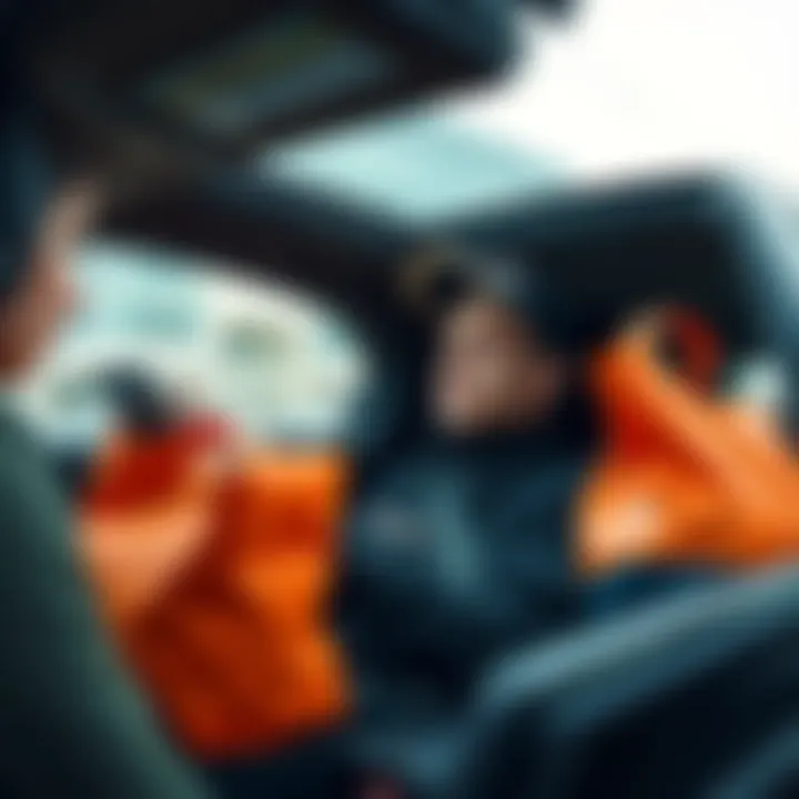 A DoorDash driver sitting in their car, looking at their phone with a delivery bag in the backseat, contemplating strategies for maximizing earnings.