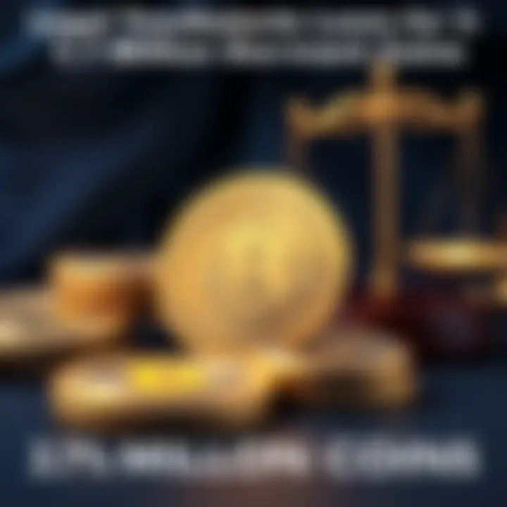 A visual representation of dormant Bitcoin coins, symbolizing legal concerns over digital assets, with a backdrop of traditional legal symbols like a gavel and scales of justice.