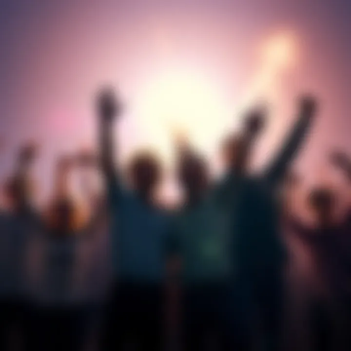 A group of confident DOT holders celebrating their success, with a bright upward trend graph in the background representing growth in the crypto market