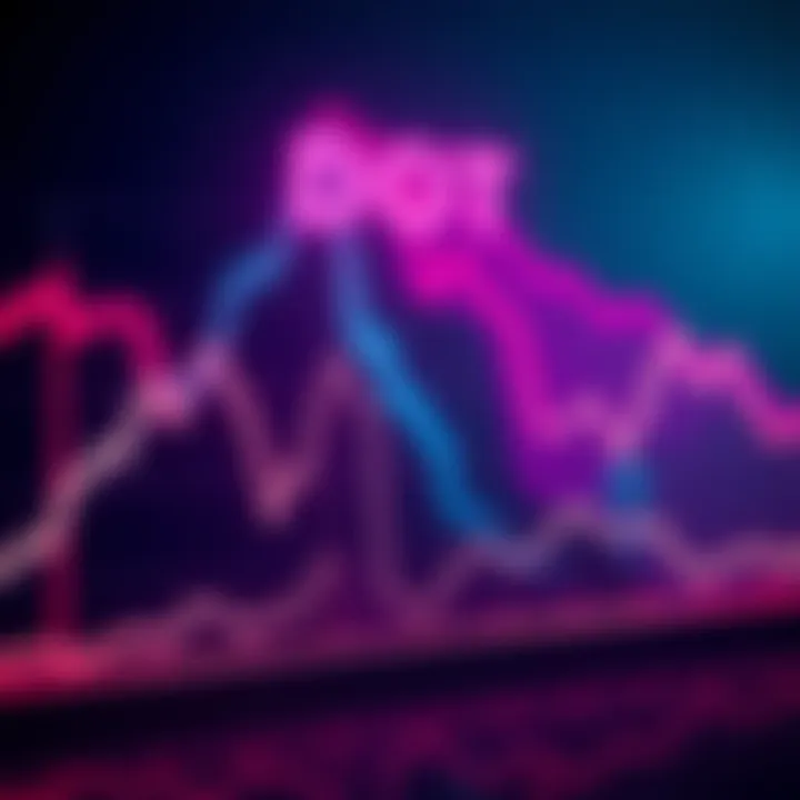 A line chart illustrating a significant decline in DOT cryptocurrency value from a peak to a low point, highlighting the drastic 99% loss in value.