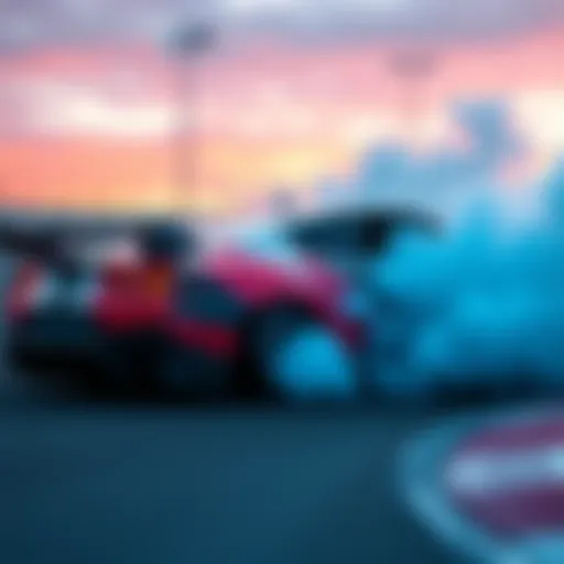 A scene showcasing a customized drift car with smoke from tires on a racetrack in Forza Horizon 6
