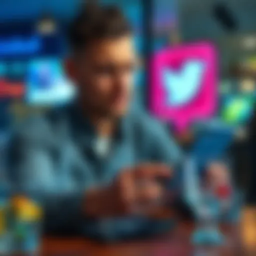 A person looking regretful while typing a message on their phone, with a Twitter logo in the background and a drink on the table
