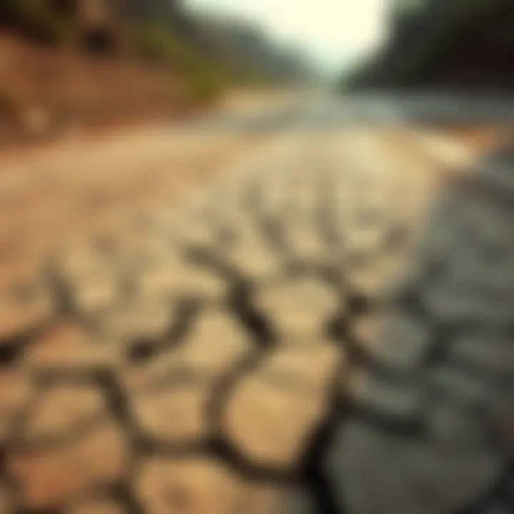A cracked and dry riverbed with sparse vegetation, illustrating the impact of water scarcity on the environment.