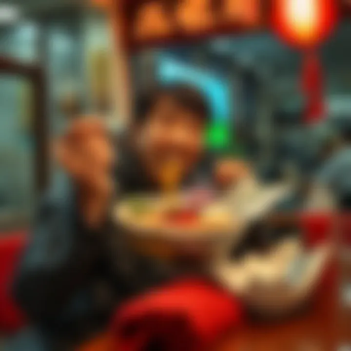 A person happily eating a bowl of ramen at a small restaurant in the morning, with steam rising from the bowl, showcasing fresh ingredients.