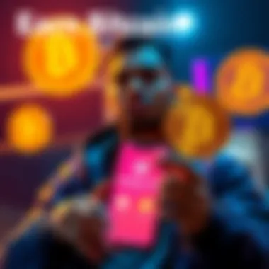 A person inviting friends to join a referral program, with Bitcoin symbols and a phone displaying the BitMart US app.