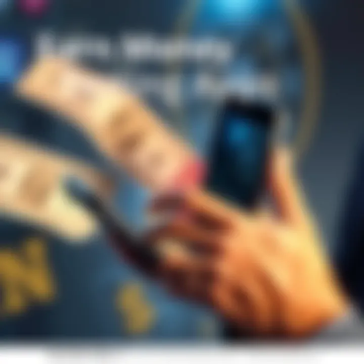 A person using a smartphone to test mobile applications with dollar bills in the background