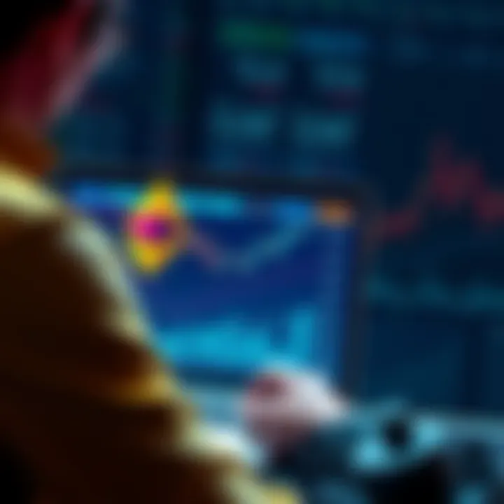 A person looking at charts showing Ethereum staking options and potential yields, with a laptop and financial graphs in the background.