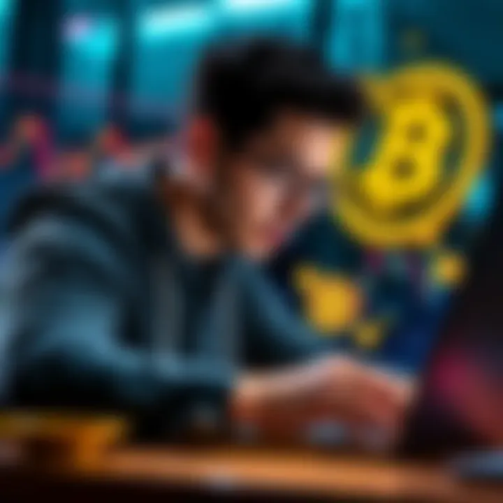 A person reviewing financial charts and Bitcoin symbols on a laptop, looking determined to improve their income.