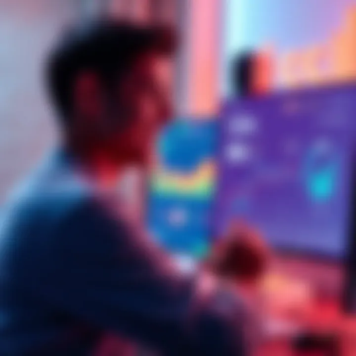 A person smiling while looking at a computer screen showing a virtual property dashboard with earnings displayed