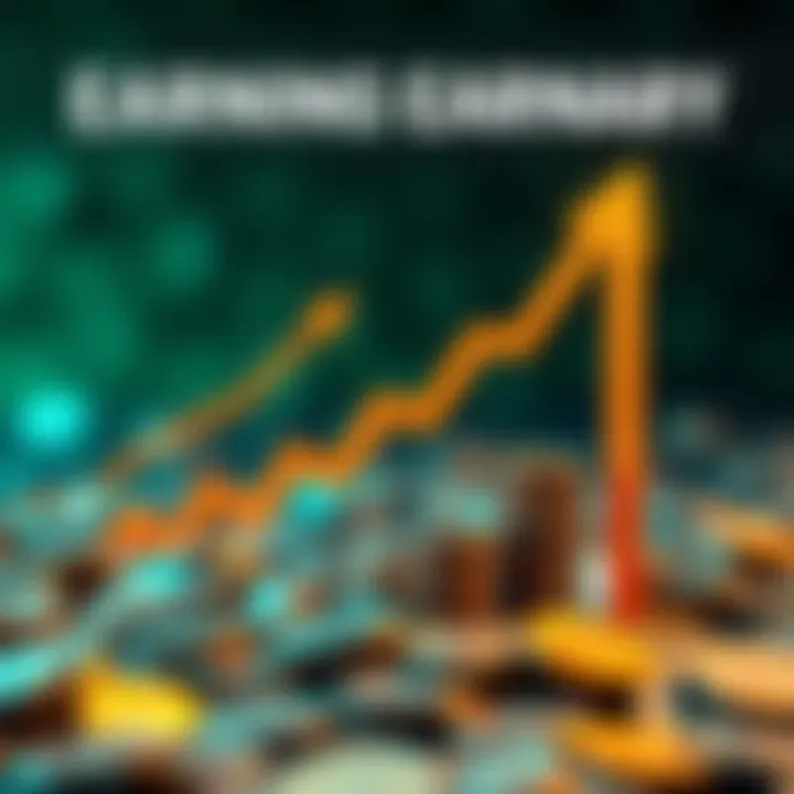 A simple chart showing daily earnings growth from pennies to a dollar, with upward arrows indicating increase and a background of coins.