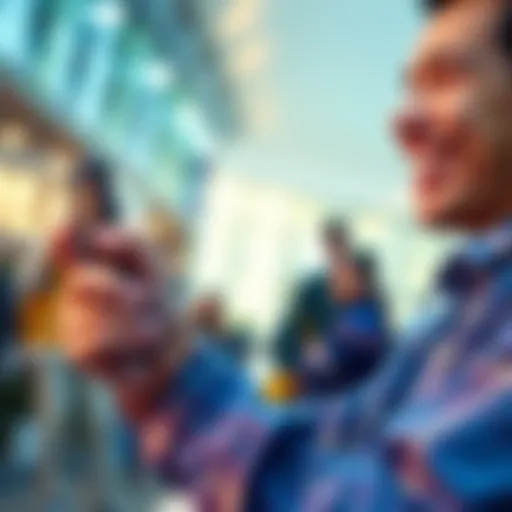 A person smiling while using a smartphone to complete a simple cryptocurrency transaction in a bright and cheerful setting.