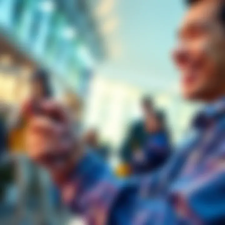 A person smiling while using a smartphone to complete a simple cryptocurrency transaction in a bright and cheerful setting.