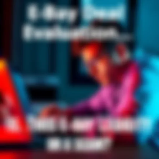 A person examining an e-bay deal on a laptop, looking skeptical about its legitimacy