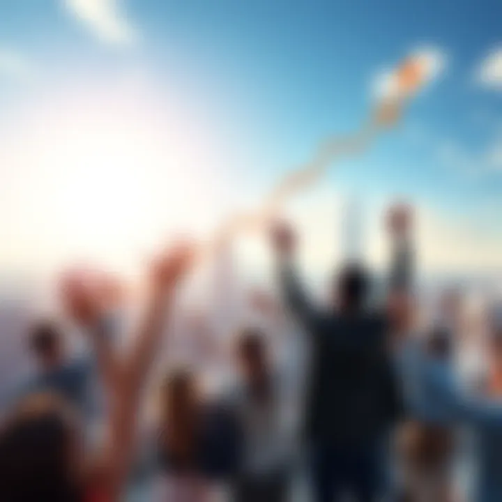 A bright skyline with people celebrating and looking at graphs showing growth trends