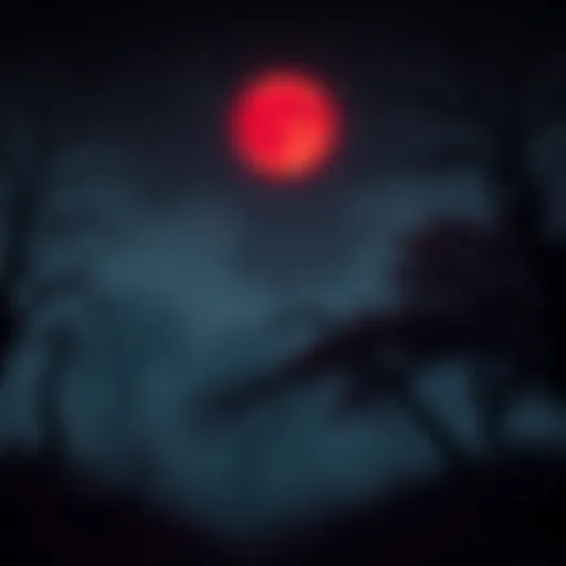 A dark game environment featuring a red moon casting an eerie glow over twisted trees and fog, creating an unsettling atmosphere for players.