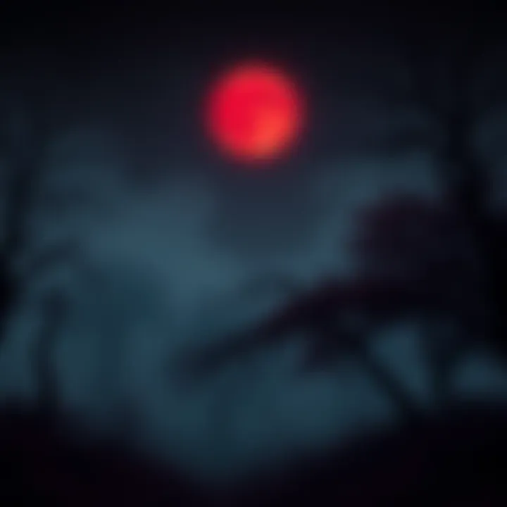 A dark game environment featuring a red moon casting an eerie glow over twisted trees and fog, creating an unsettling atmosphere for players.