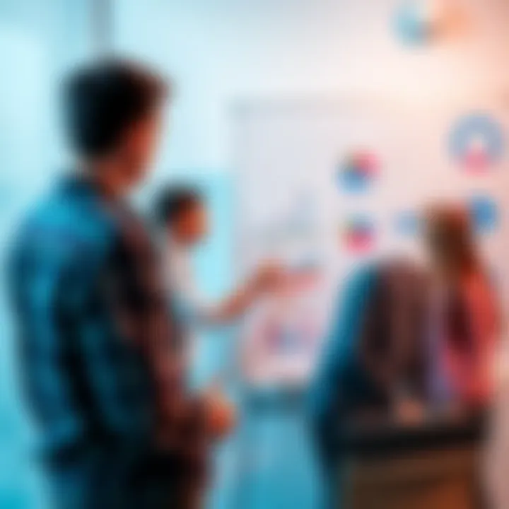 A person discussing product marketing strategies with a group, using a whiteboard filled with charts and graphs.