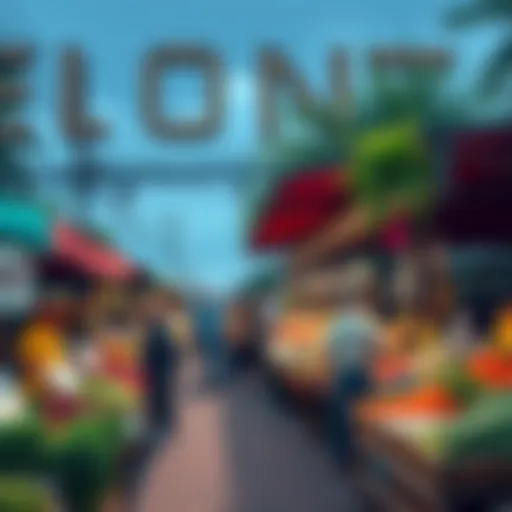 Vibrant farmers market in El Zonte with vendors selling fresh produce and people using cryptocurrency for purchases.