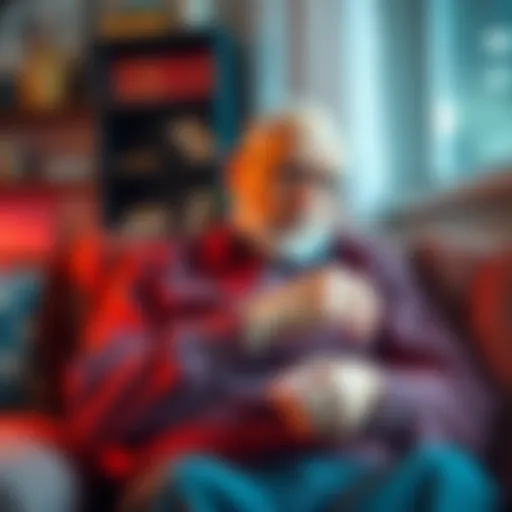An elderly man sits on a couch, looking at his Fitbit device. He appears focused on tracking his health and sleep patterns.