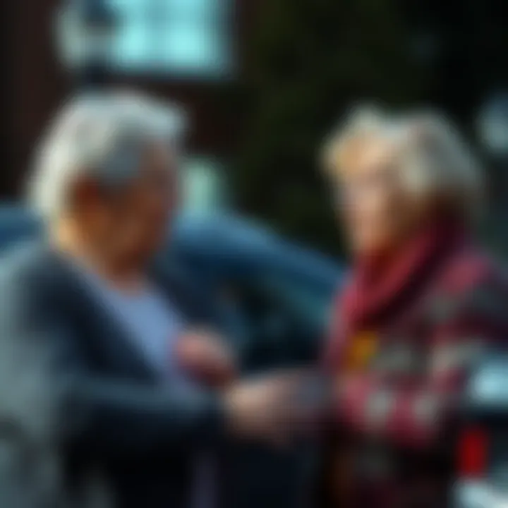 An elderly woman talking to her younger neighbor about a car insurance matter, both looking serious and concerned.