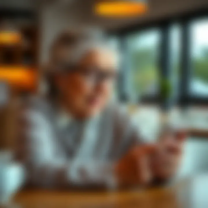An older woman with glasses sitting at a table, looking at her smartphone with a thoughtful expression, representing the idea of seniors handling online money transfers