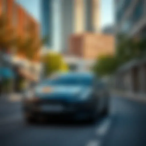 An electric car parked in a clean city street surrounded by trees and modern buildings, highlighting the eco-friendly movement.