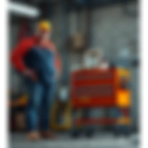 An electrician stands proudly next to a new tool cart, symbolizing a fresh investment idea in Bitcoin.