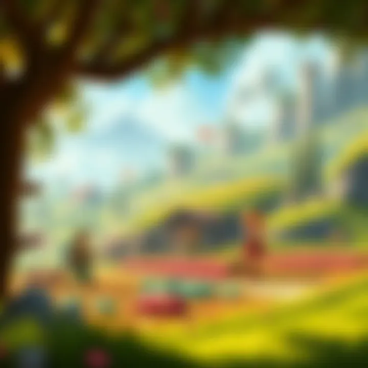 Elf Continent Game Scene A vibrant scene from Elf Continent showing colorful landscapes and animated characters engaged in farming activities.