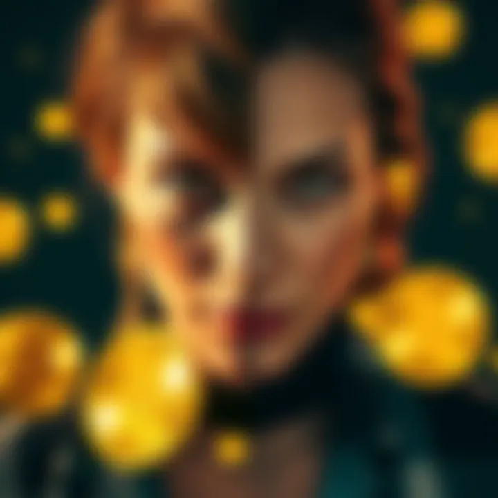 A split image showing Elisabeth Holmes on one side and Bitcoin symbols on the other, highlighting the connection between her and cryptocurrency.