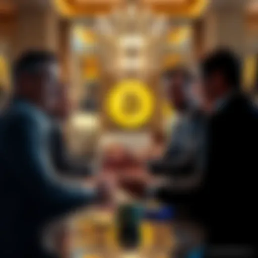 A group of wealthy individuals discussing Bitcoin and cryptocurrency in a luxurious setting, showcasing unexpected alliances in the finance world.
