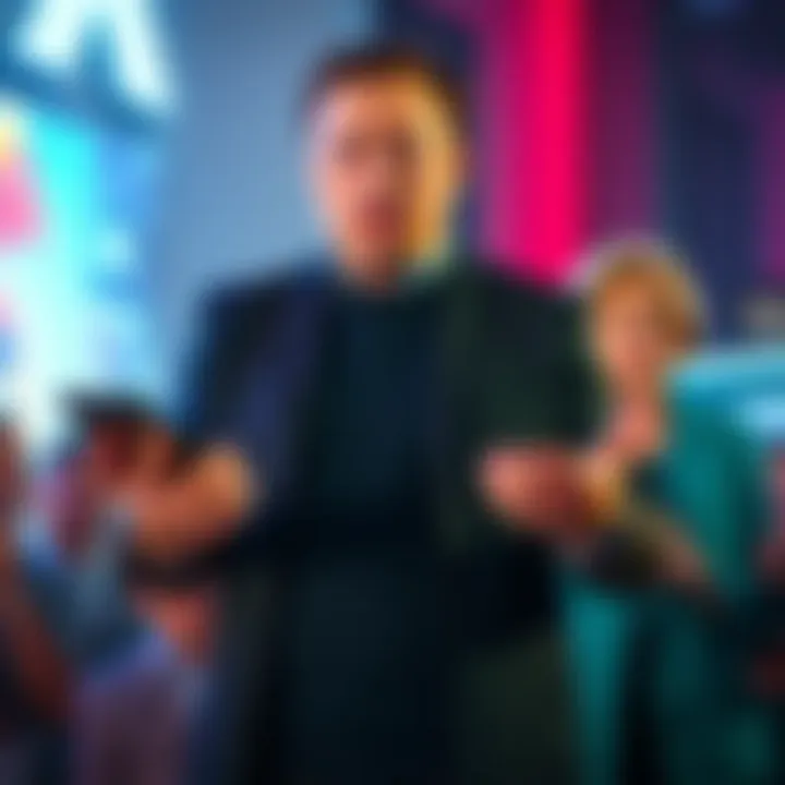 Elon Musk presenting the X Money payment app, highlighting its features and stablecoin functionality, with concerned citizens and Senator Warren in the backdrop