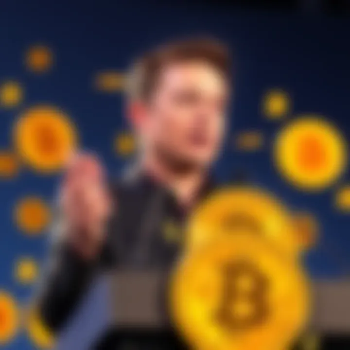 Elon Musk speaking at a podium with Bitcoin symbols in the background, promoting cryptocurrency over traditional money