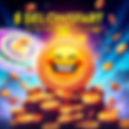 A colorful graphic showing a playful depiction of a meme coin with a laughing character, surrounded by coins and fun elements, inviting people to join before the launch.