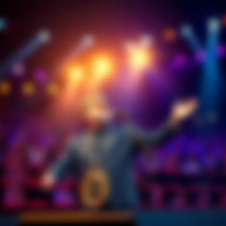 Elton John singing with bright lights and a cheering crowd, symbolizing resilience and optimism toward Bitcoin