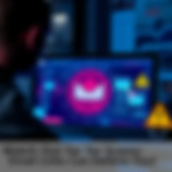 Email Scam Warning A person looking at a suspicious email on a computer screen, with warning signs displayed around.