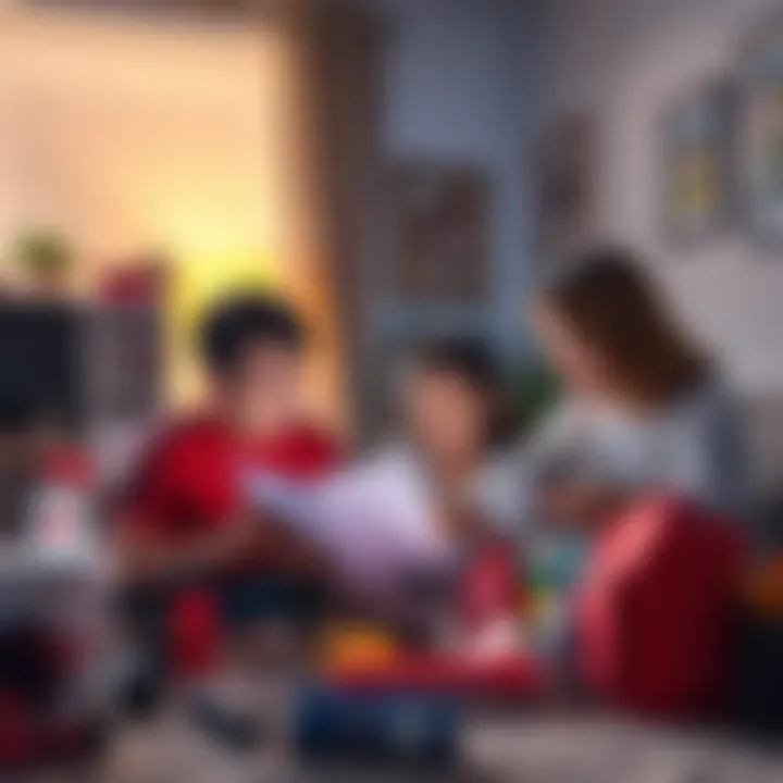 A family reviewing an emergency preparedness checklist at home, surrounded by supplies like flashlights and first-aid kits.