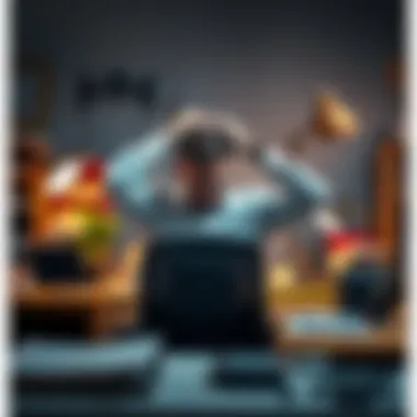 An overwhelmed employee sitting at a desk with a cluttered workspace, holding their head in frustration