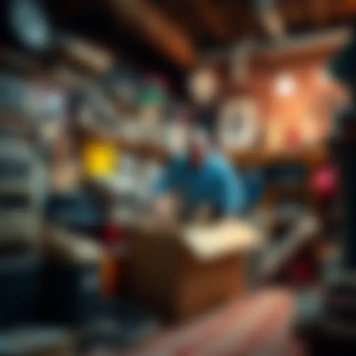 A person sorting through a box in a cluttered basement filled with old items and memories.