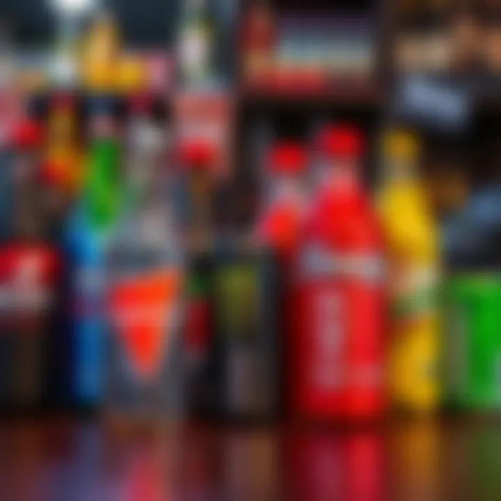 Different energy drink bottles with colorful labels displayed on a table