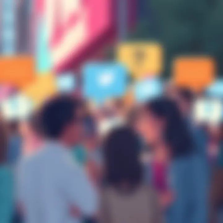 A colorful illustration of people interacting on Twitter with speech bubbles showing engaging questions