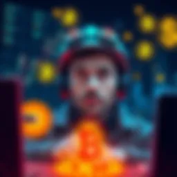 An engineer thinking about receiving their salary in USDC and investing in cryptocurrency, surrounded by charts and crypto symbols.