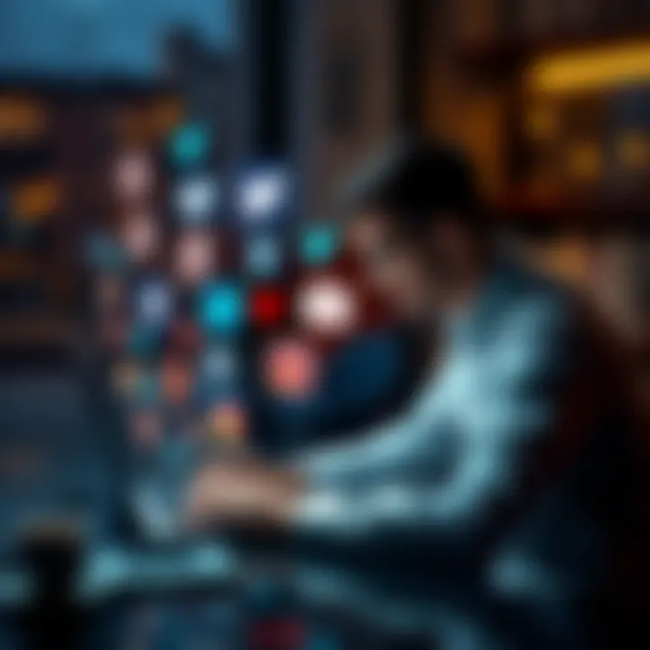 A person working on a laptop with various social media icons around them, symbolizing online presence improvement