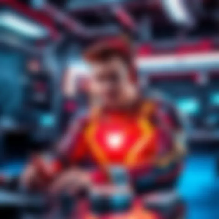 A young entrepreneur with a modern, high-tech setup, resembling Tony Stark, working on innovative technology ideas.