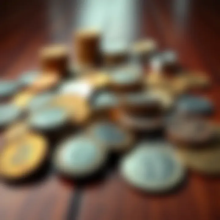Error Coins Collection A close-up view of various error coins laid out on a wooden table, showcasing their unique designs and flaws.